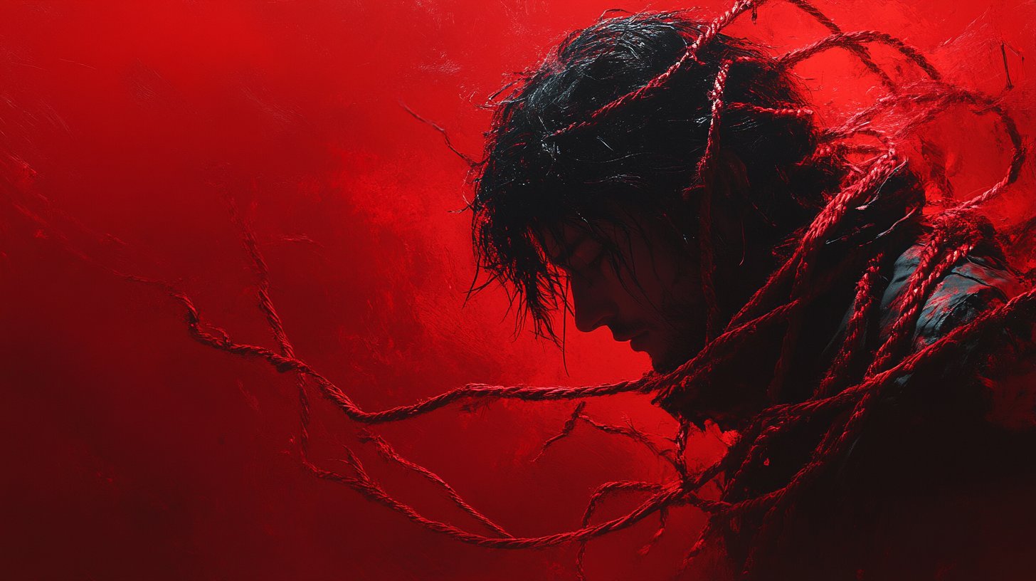 Ein Mensch entwirrt ein Netz aus toxischen Mustern mit Entschlossenheit.