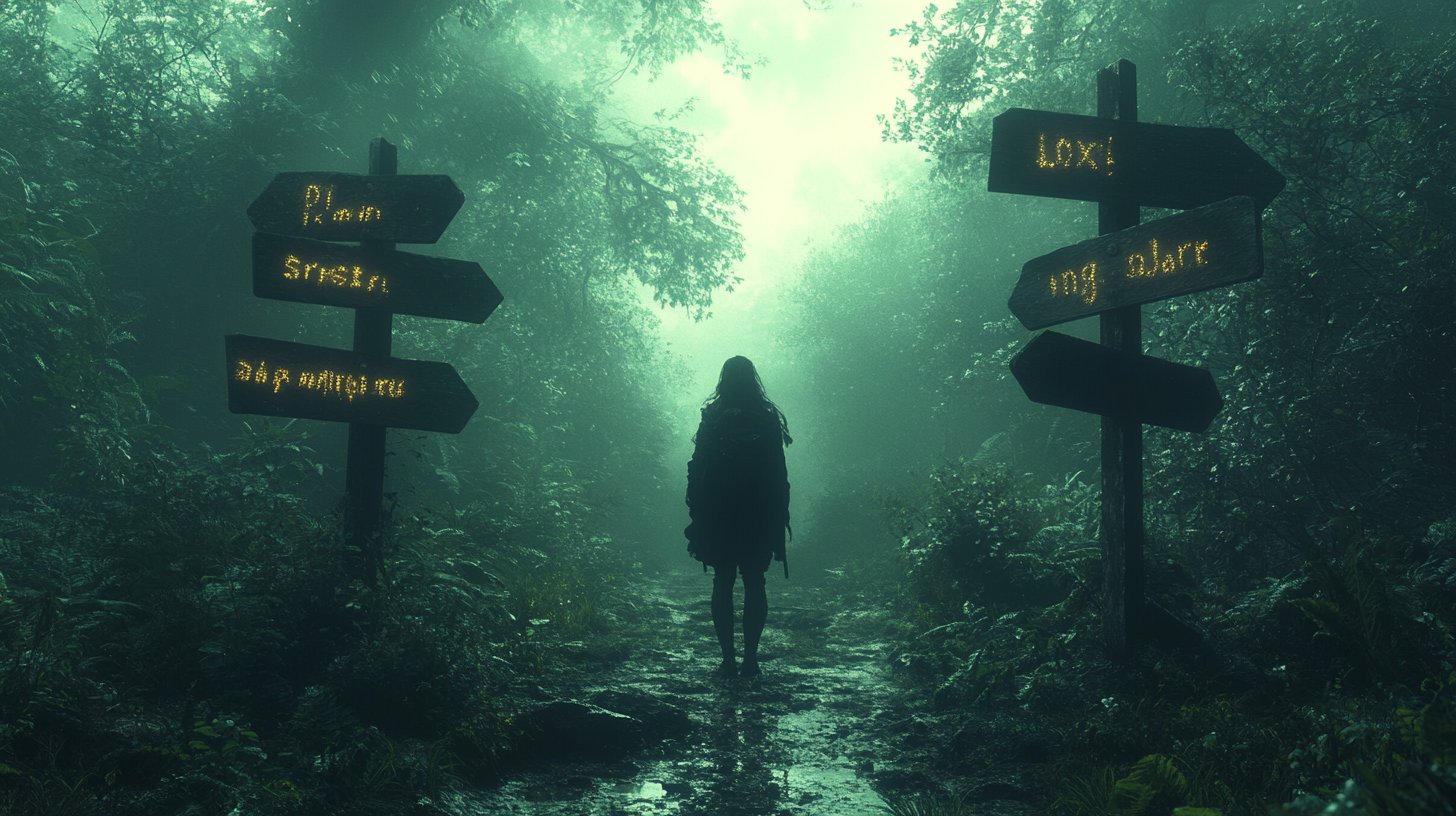 Eine Person an einer Weggabelung im Wald, die Selbstentdeckung und Wachstum symbolisiert.