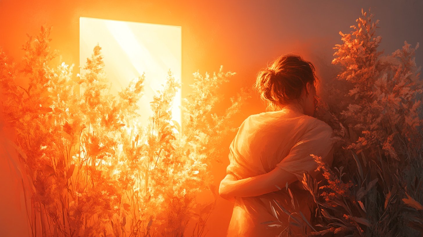 Eine warme Szene, die Selbstliebe mit einer Person vor einem Spiegel zeigt.