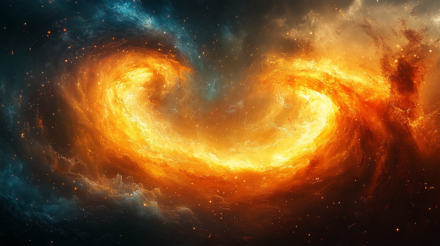 Eine leidenschaftliche Umarmung zweier Feuerzeichen, umgeben von wirbelnden Flammen.