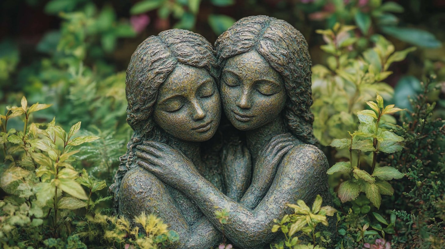 Zwei Erdzeichenfiguren in einem friedlichen Garten, umgeben von üppigem Grün.