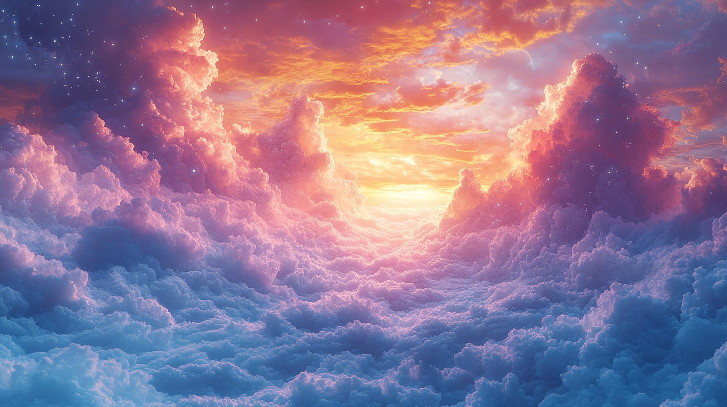 Fantastische Darstellung von Luft- und Wasserzeichen, die zusammen in einer traumhaften Landschaft treiben.