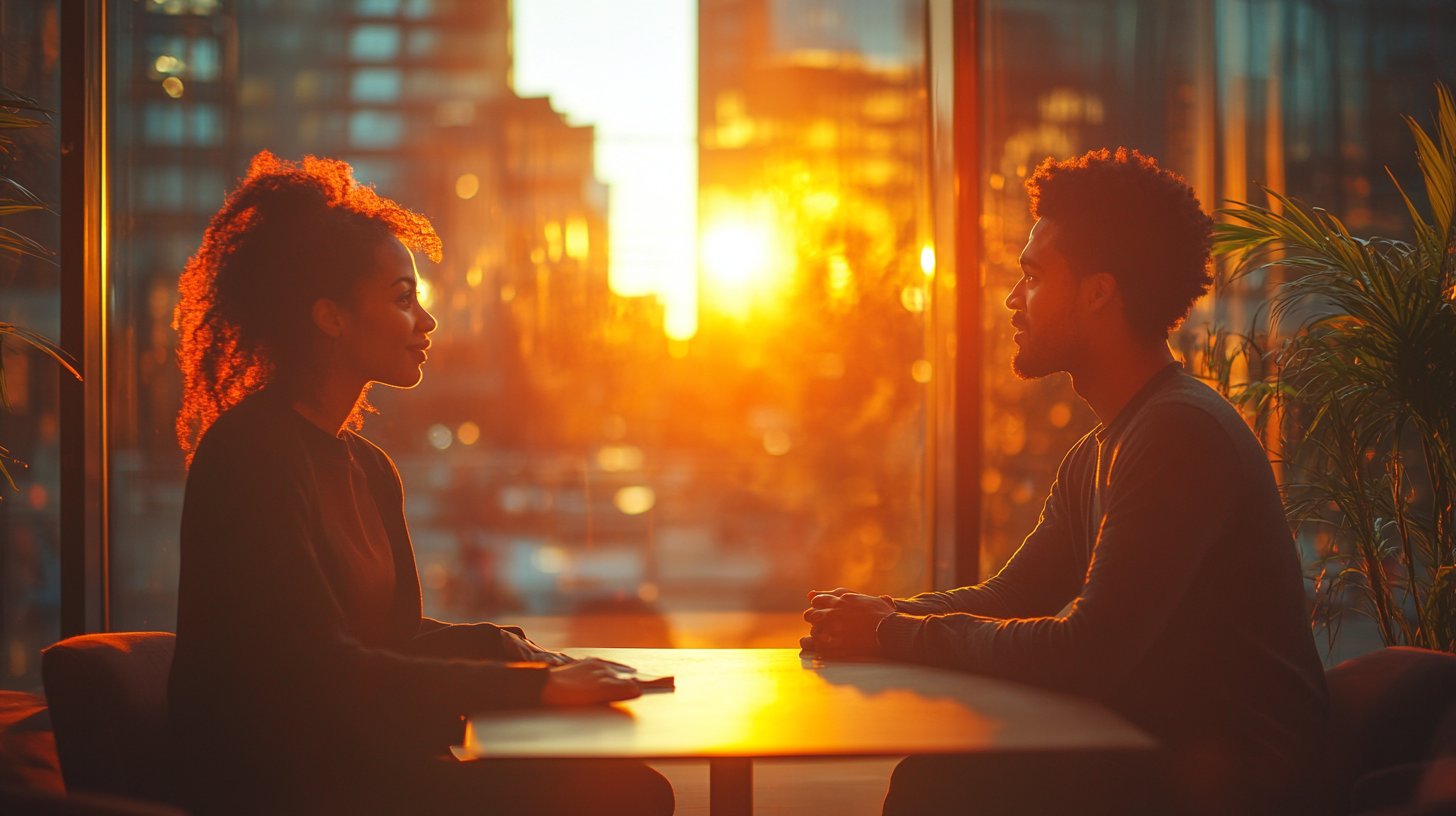 Zwei Personen führen ein offenes und einladendes Gespräch.