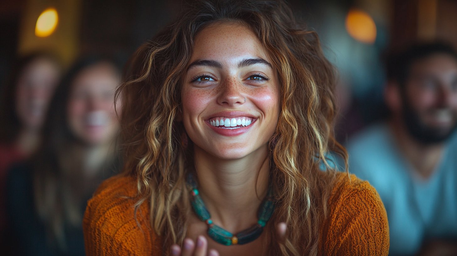 Eine Person erzählt lebhaft und ihre Freunde lachen mit.