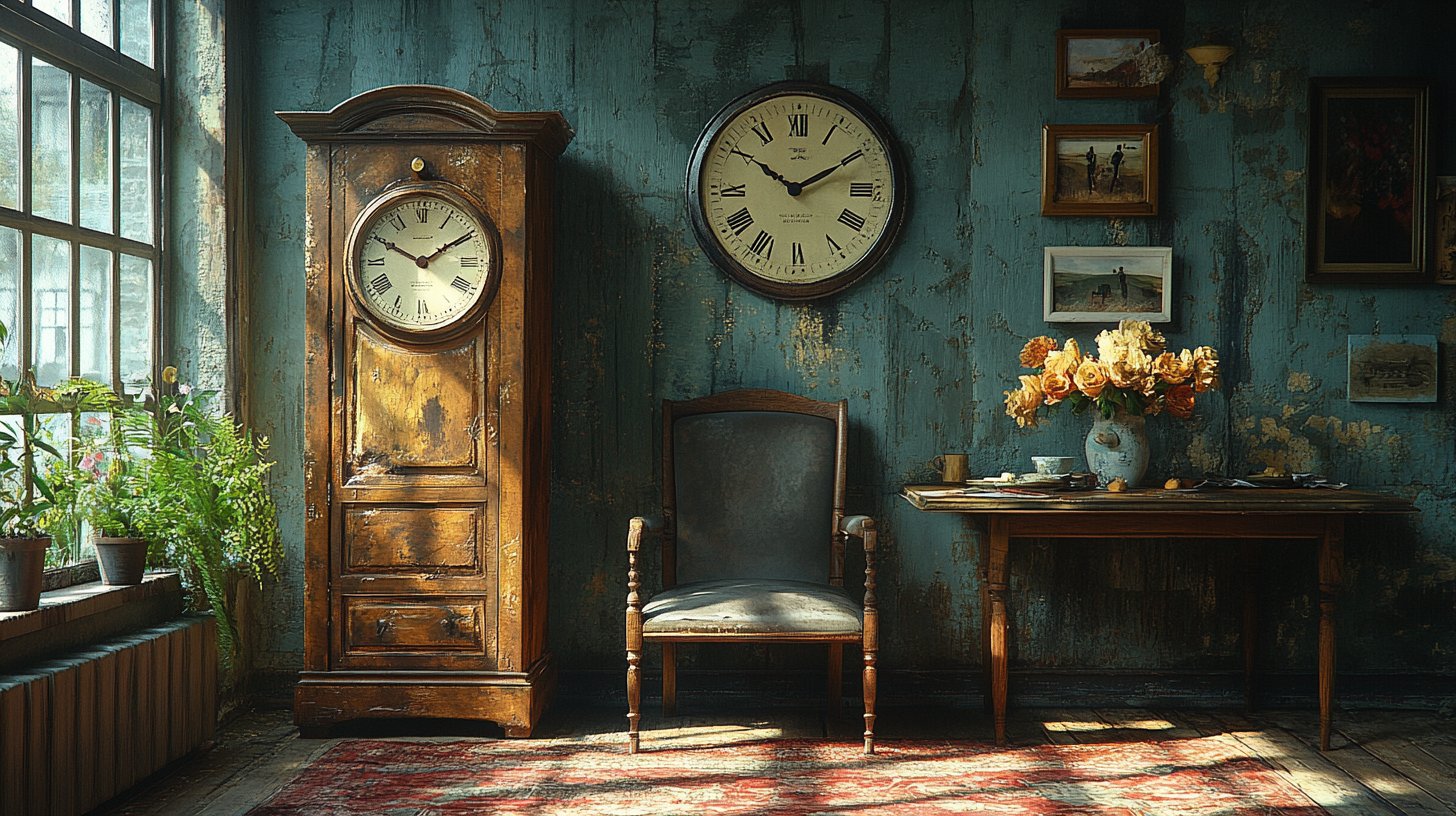 Eine Uhr und ein leerer Stuhl am Esstisch symbolisieren verpasste Momente.