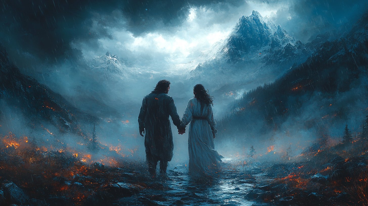 Una coppia che si tiene per mano stretto in una tempesta, combattendo per amore.