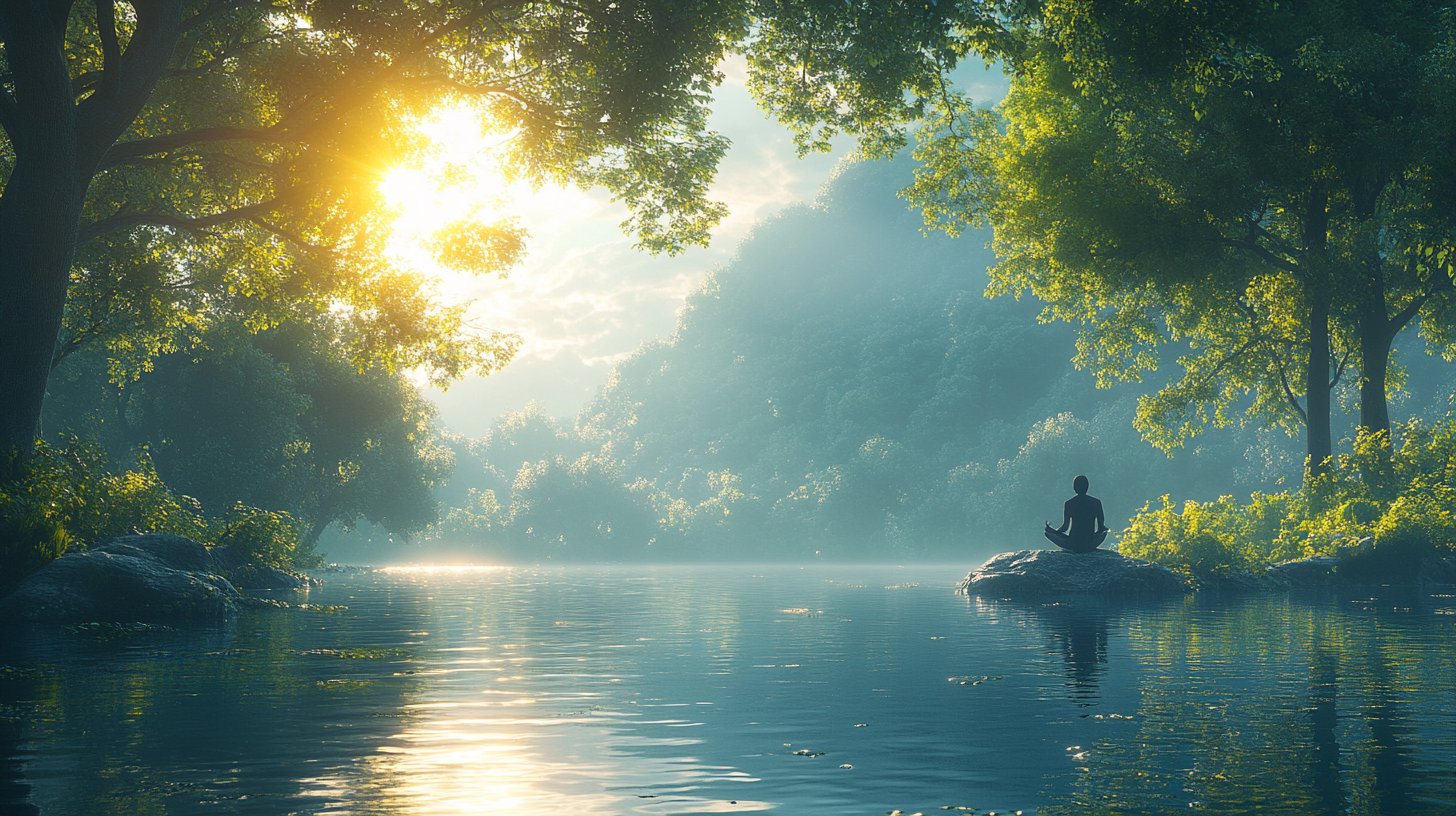 Una scena serena di un fiume tranquillo con una persona che medita, illustrando l'equilibrio tra lotta e serenità.