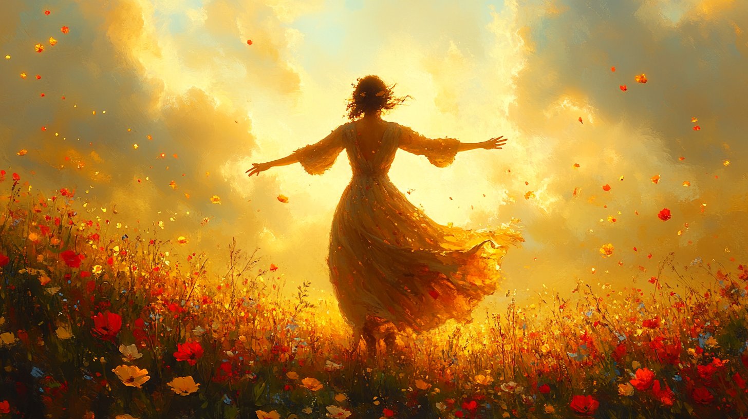 Una figura gioiosa che danza in un prato soleggiato, catturando l'essenza della gioia nonostante le sfide della vita.