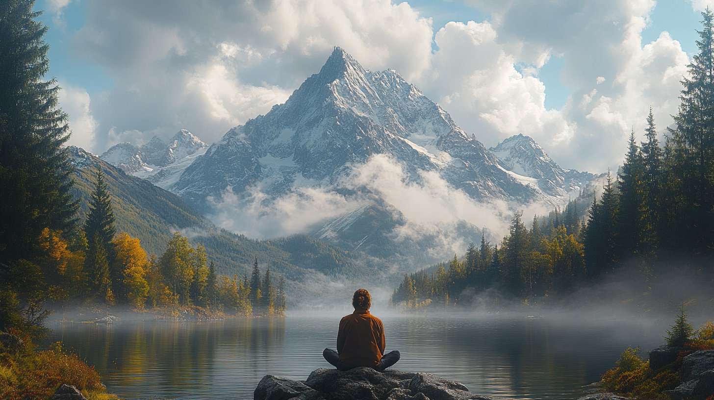 Eine Person genießt einen friedlichen Moment in der Natur, umgeben von Bäumen und Bergen, und spiegelt Selbstentdeckung wider.