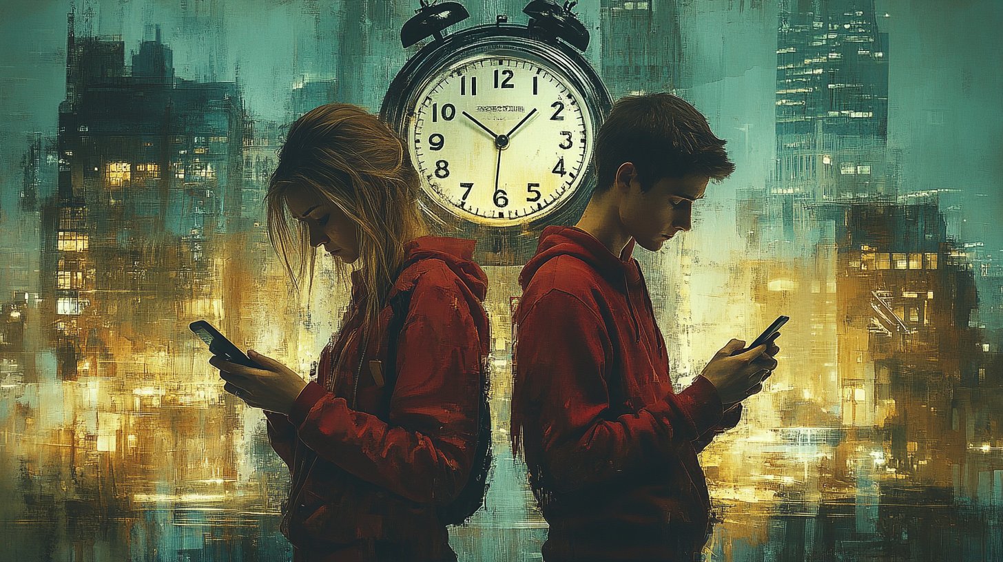 Zwei Personen schauen besorgt auf ihre Handys, während die Uhr die Zeit der Trennung symbolisiert.