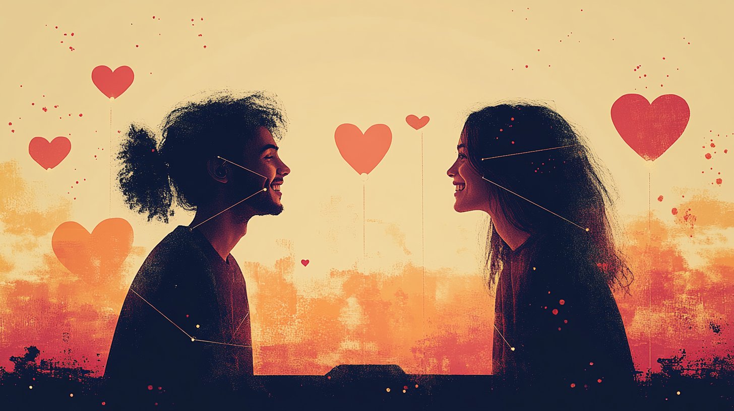 Ein geteiltes Bild zeigt zwei Personen, die mit Freude über Videotelefonie kommunizieren, umgeben von Symbolen der Verbindung.