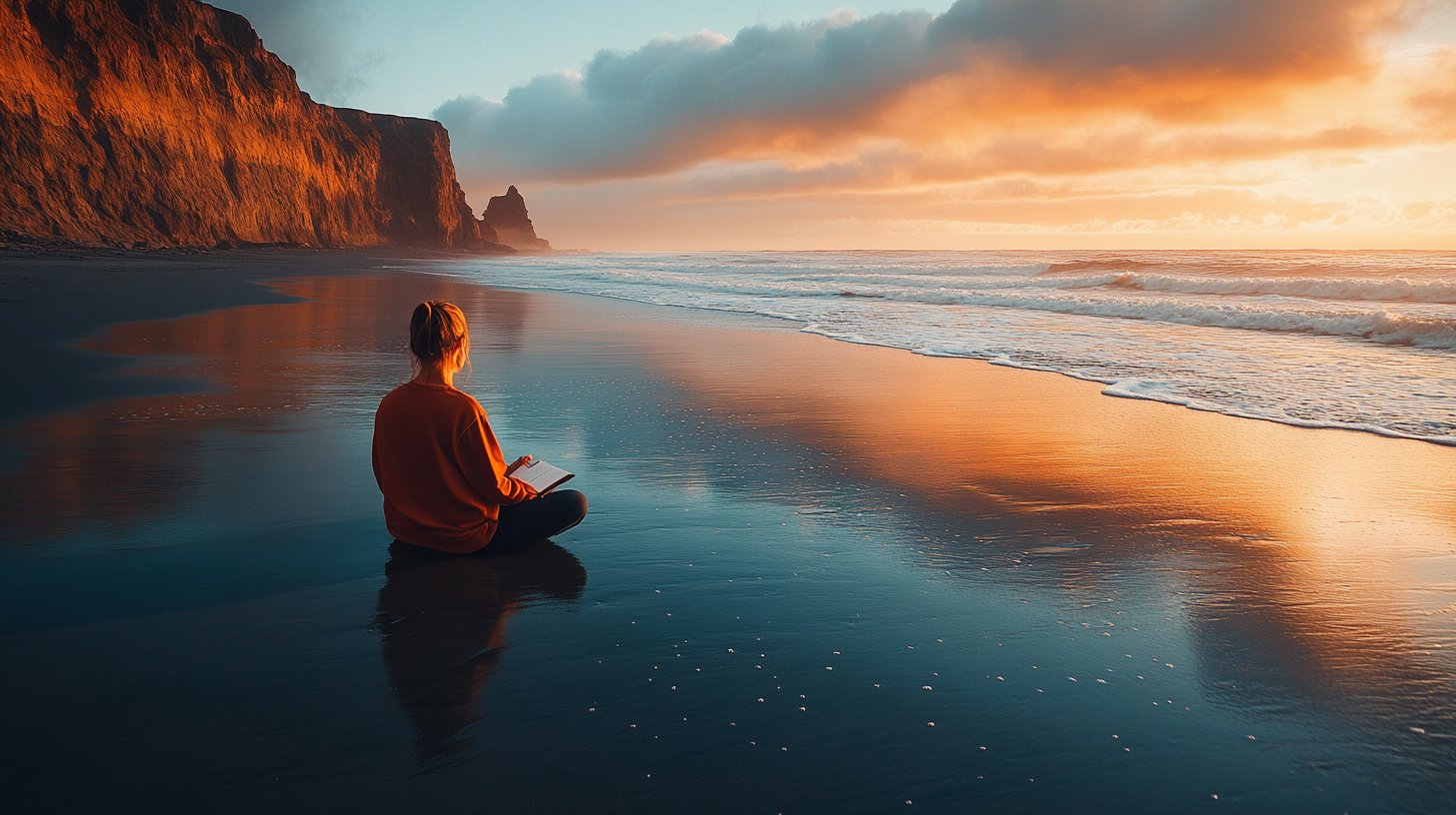 Una persona riflette pensierosa su una spiaggia tranquilla.