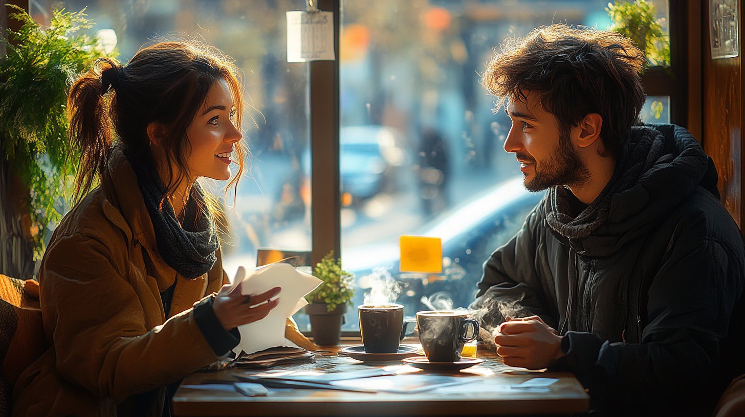 Due amici conversano apertamente davanti a un caffè.