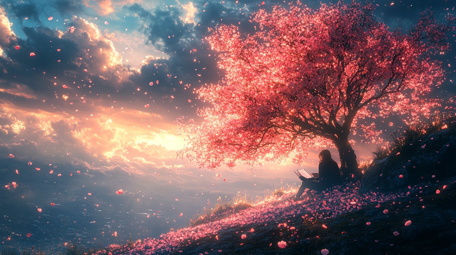 Person, die unter einem blühenden Baum im Tagebuch schreibt.