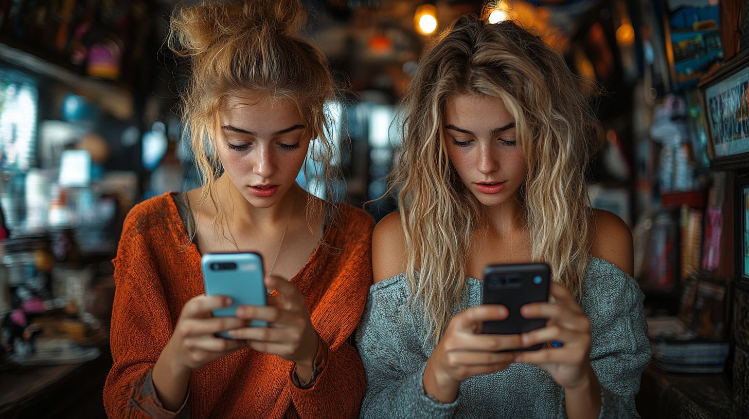 Due amici comunicano tramite i telefoni, confusi ed entusiasti.