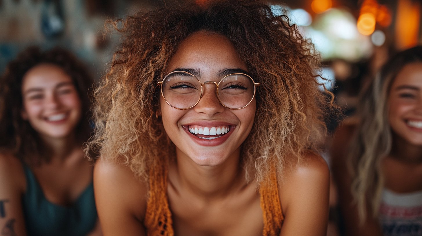 Un gruppo di amici ride condividendo ricordi felici.