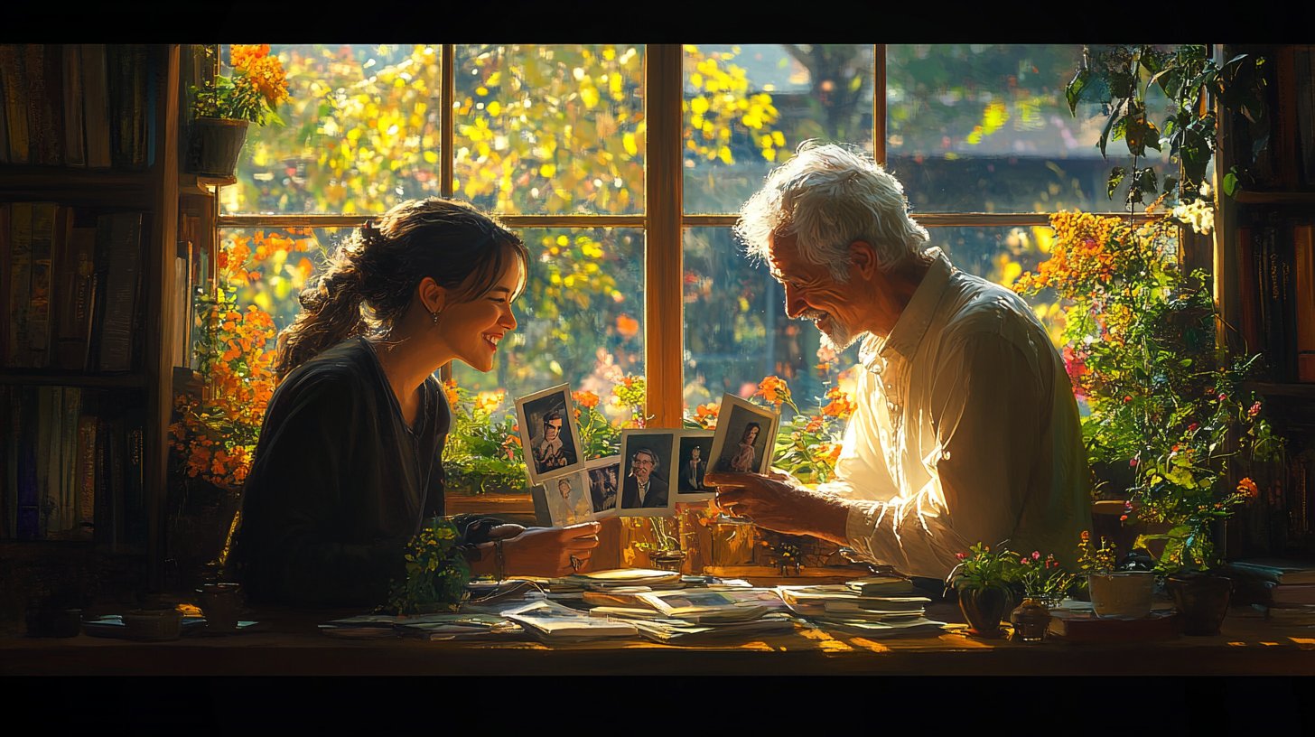 Una coppia ricorda nostalgicamente le vecchie fotografie.