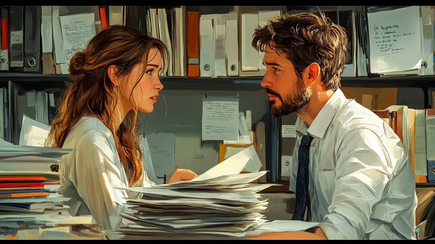 Zwei Mitarbeiter führen ein angespantes Gespräch über einen Stapel Unterlagen.