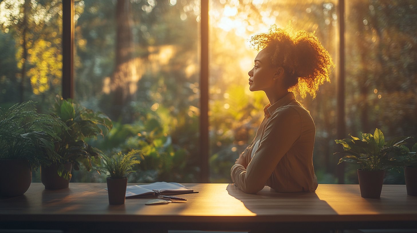 Ein nachdenklicher Mitarbeiter schaut aus dem Fenster und reflektiert über persönliche und berufliche Verantwortung.