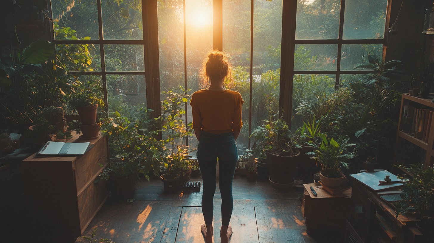 Eine Person betrachtet nachdenklich den Außenblick am Fenster.
