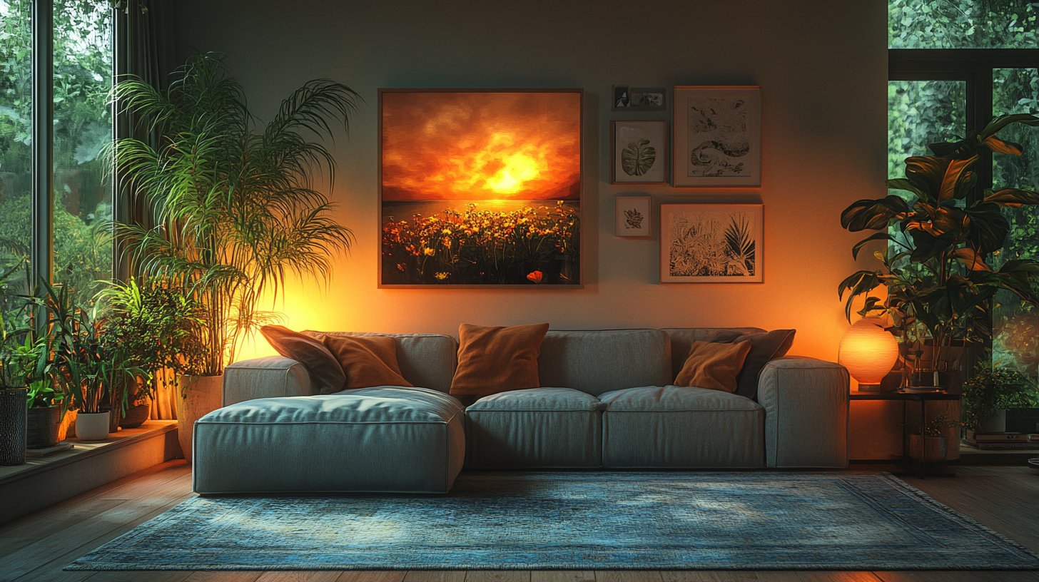 Ein ruhiges Wohnzimmer mit sanftem Licht und warmen Farben.