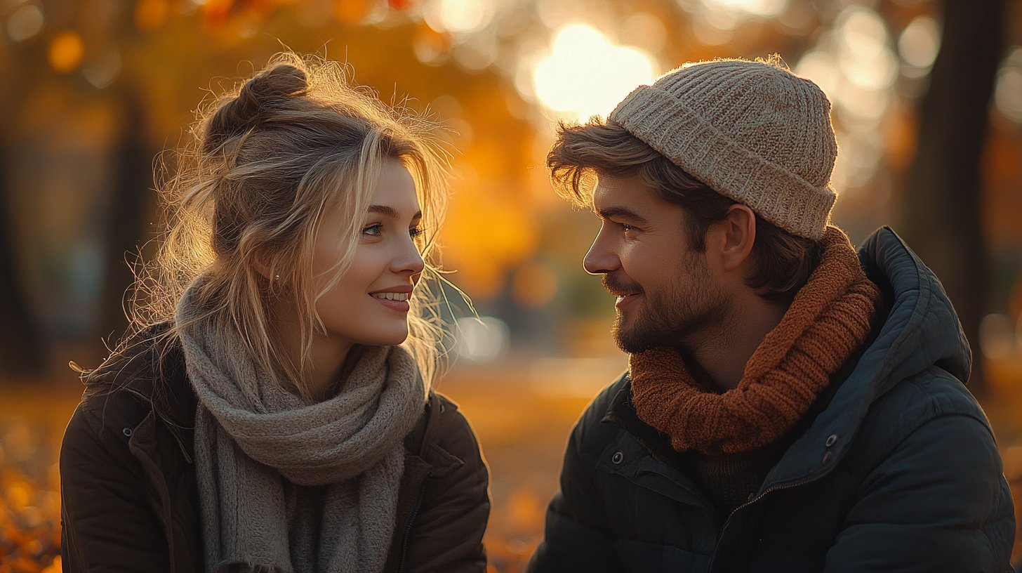 Ein Paar sitzt im Park, tief im Gespräch und umgeben von Natur.