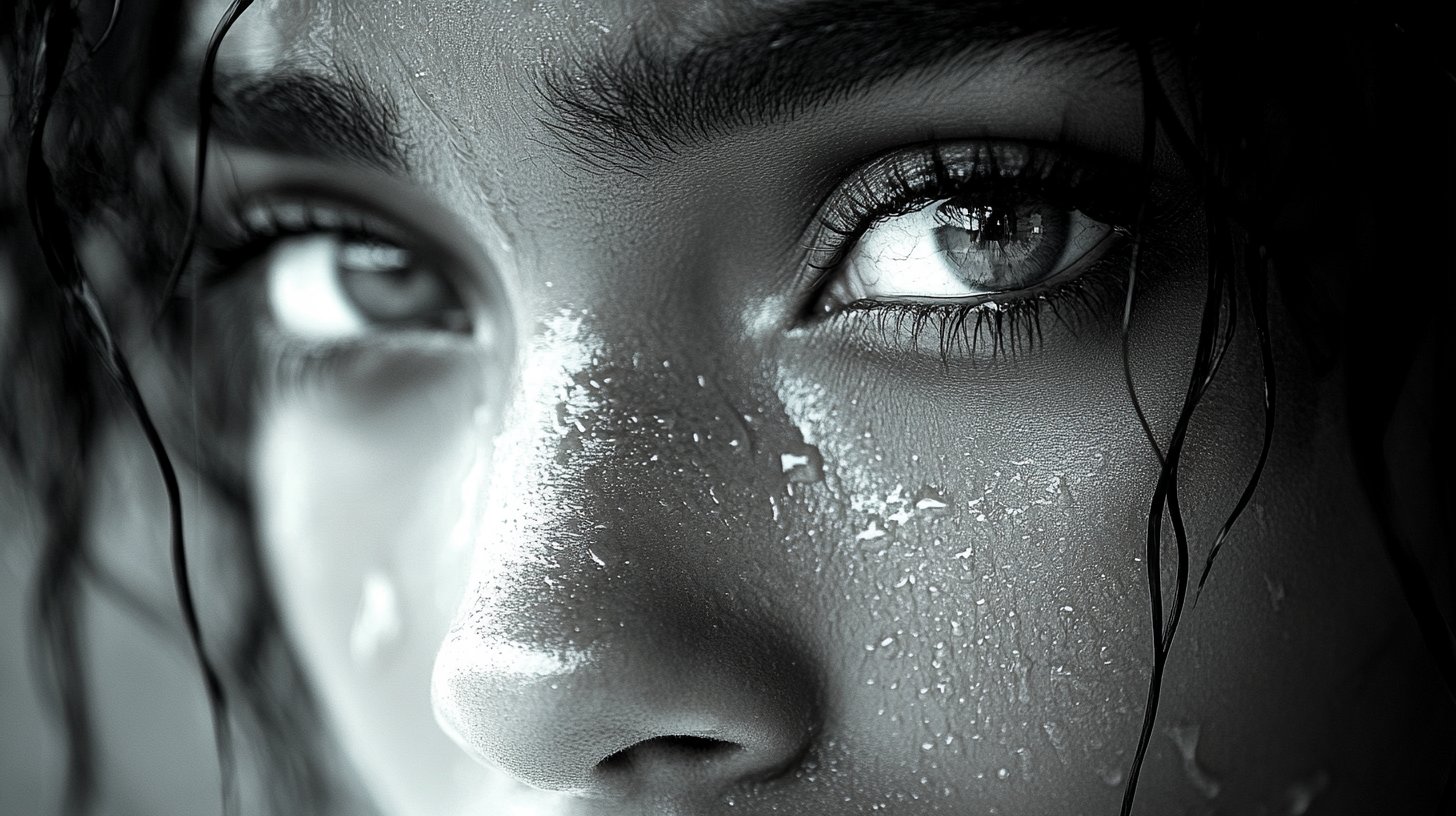 Nahaufnahme einer Person mit tränenfeuchten Augen, die in die Ferne schaut.
