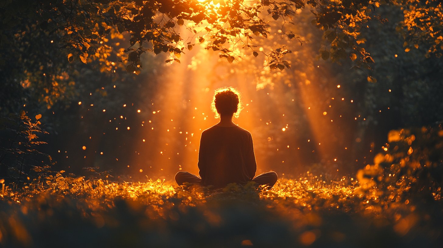 Una persona sentada pacíficamente en la naturaleza, rodeada de árboles, profunda en pensamiento.