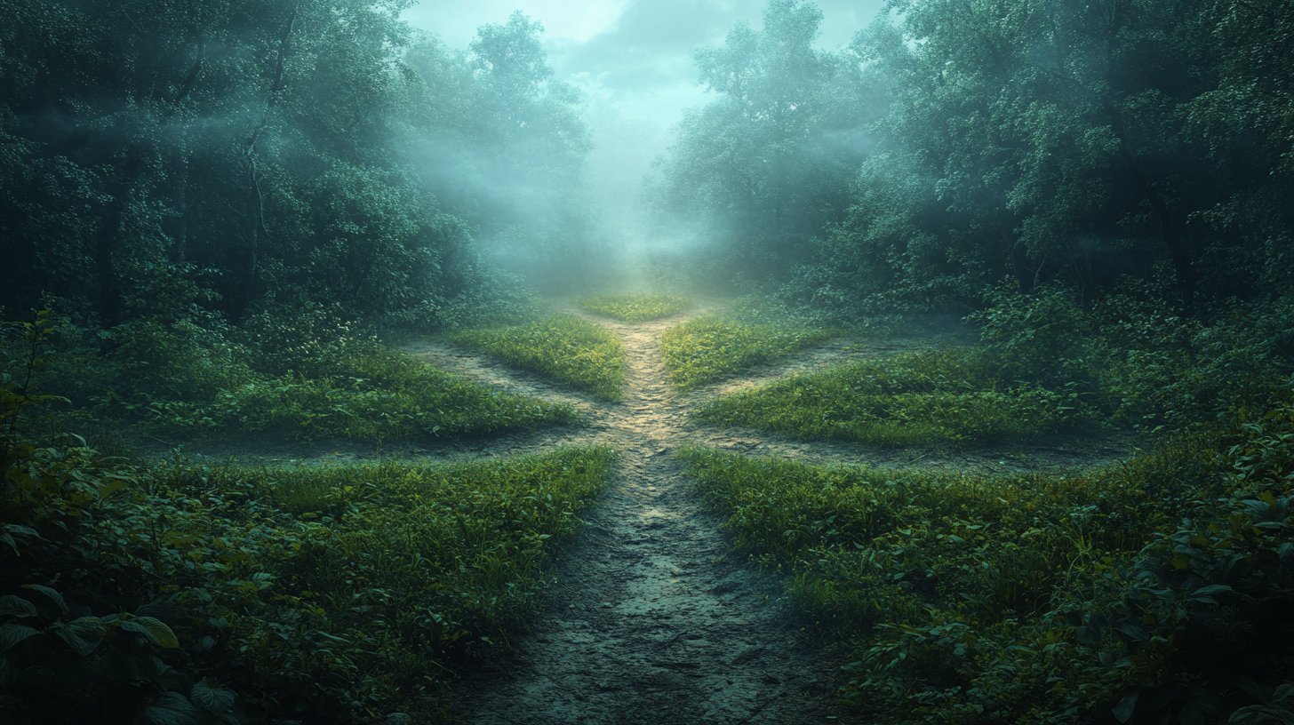 Una representación abstracta de caminos divergentes en un bosque verde simboliza elecciones.