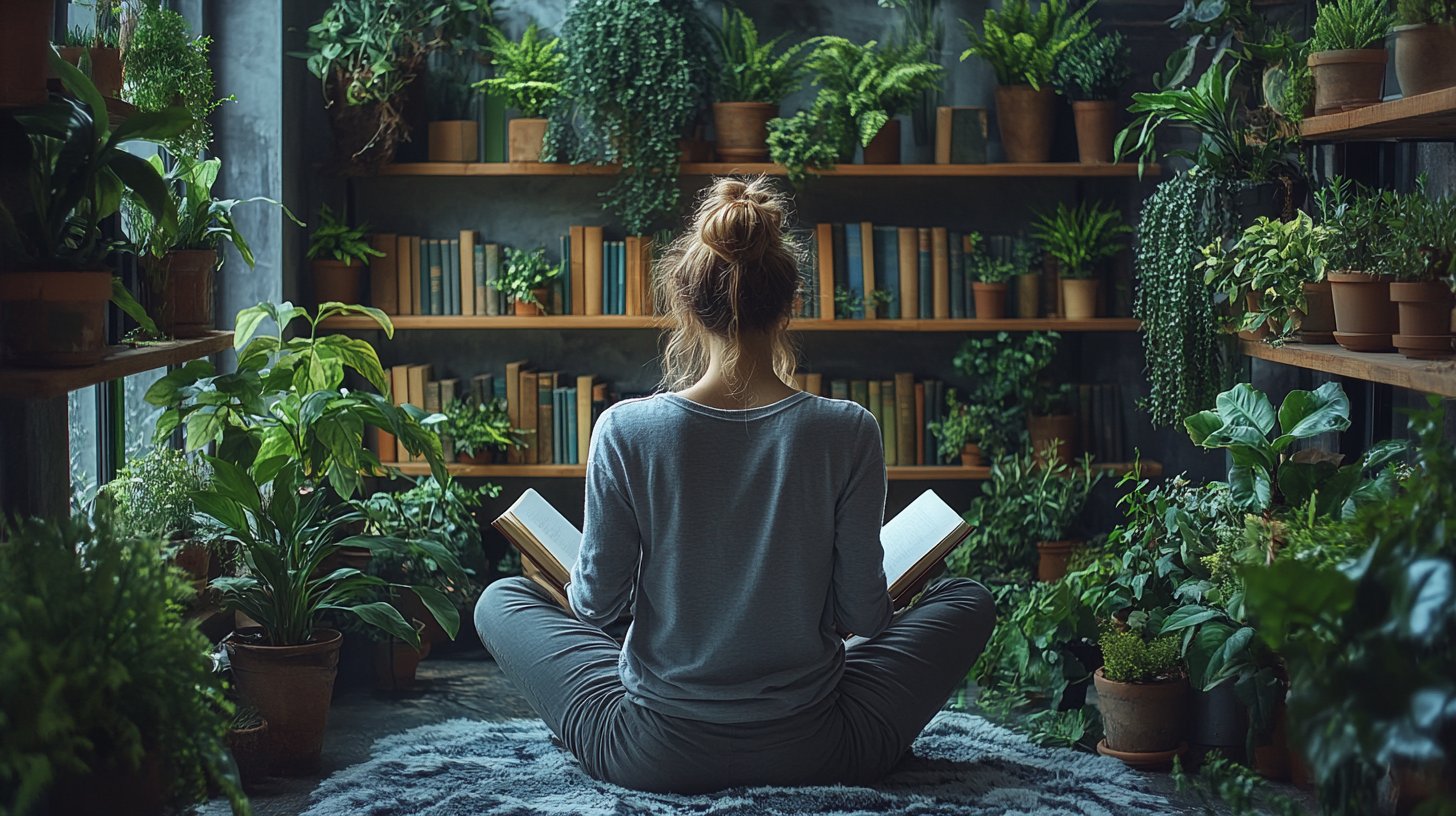 Una persona comprometida en actividades significativas como leer y escribir en un ambiente inspirador.