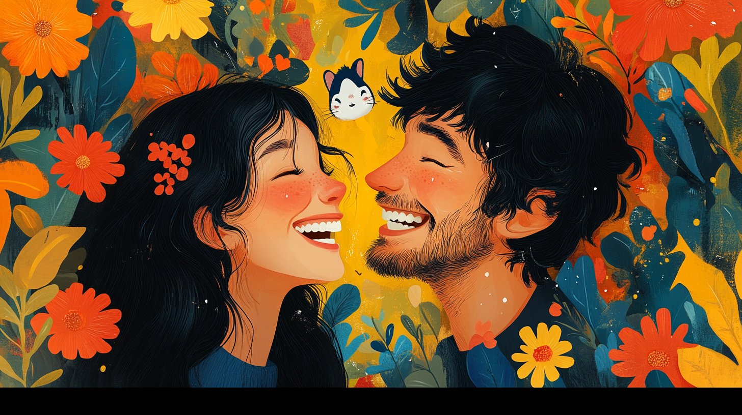 A lively illustration of a couple playfully calling each other pet names.