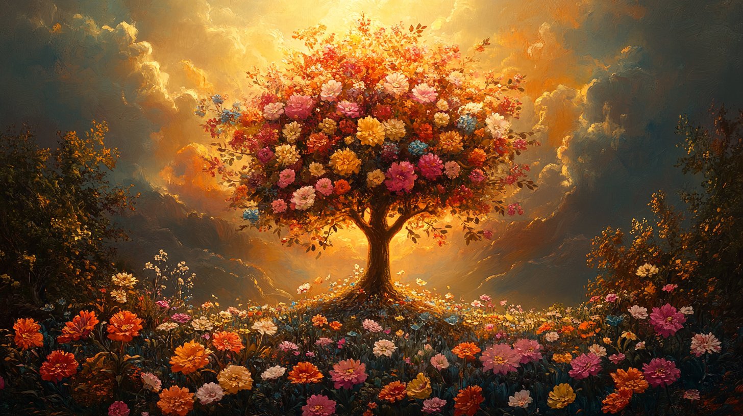 Ein strahlender Baum mit bunten Blumen, die positive Worte symbolisieren.