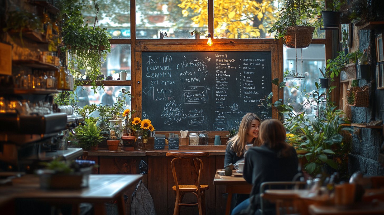 Eine gemütliche Cafétafel mit handgeschriebenen inspirierenden Sprüchen.