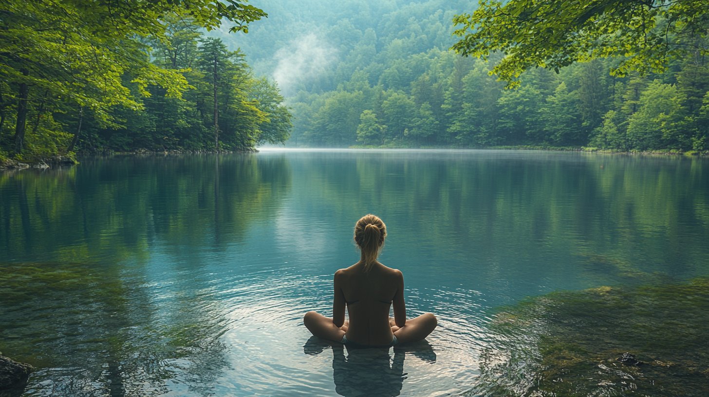 A serene individual reflecting by a calm lake, surrounded by lush greenery.
