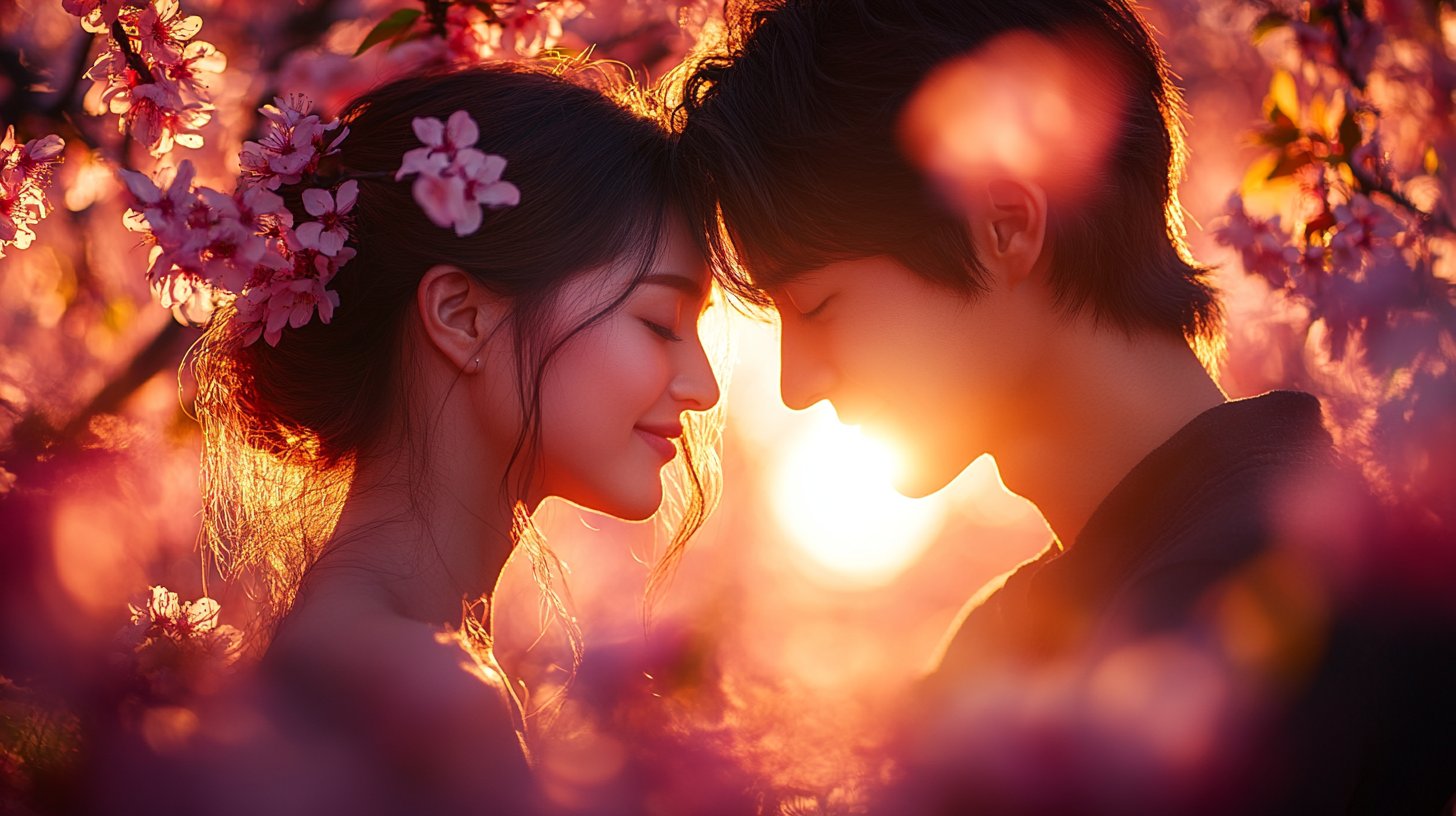 Two people warmly embracing under a blossoming tree.