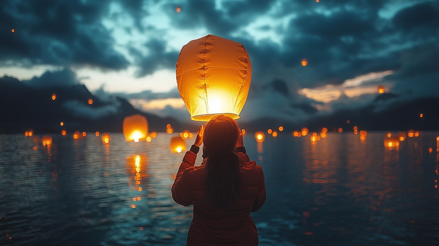 Eine Person lässt einen Papierlaterne in den Himmel steigen, was Vergebung symbolisiert.