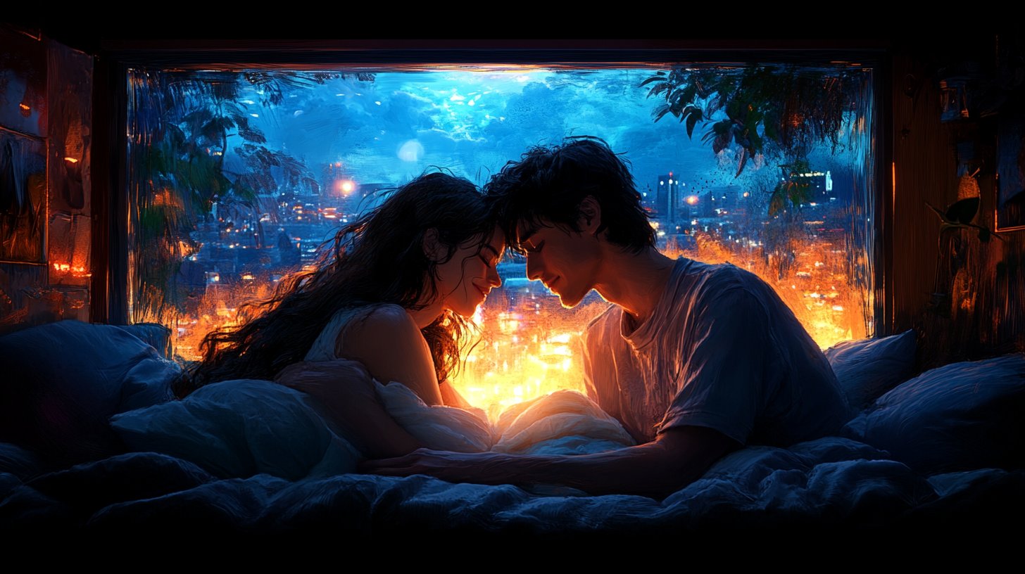 Entspannte Umarmung in einem friedlichen Raum voller Kissen.