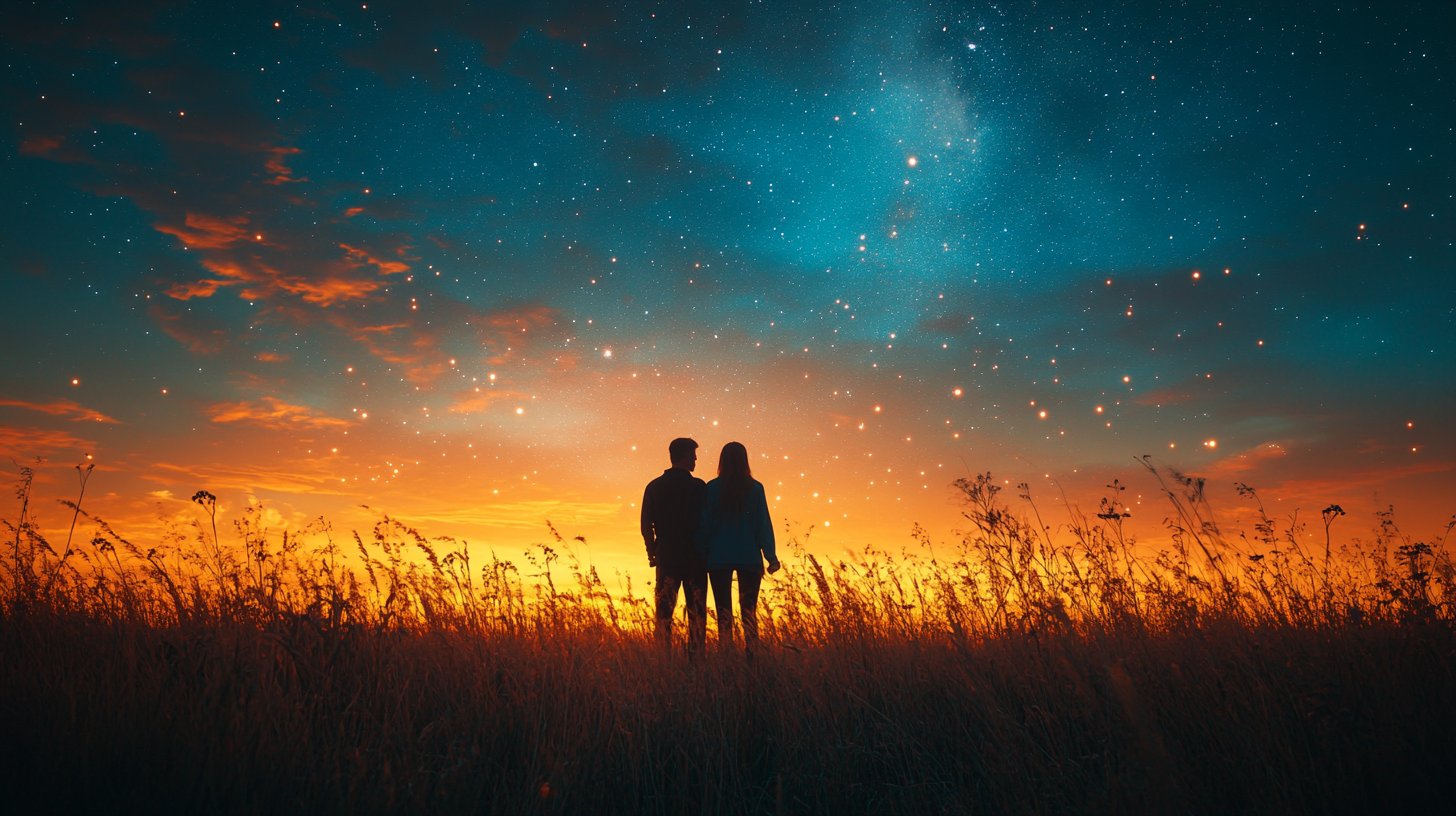 Herzliche Umarmung unter dem Sternenhimmel, voller emotionaler Verbundenheit.