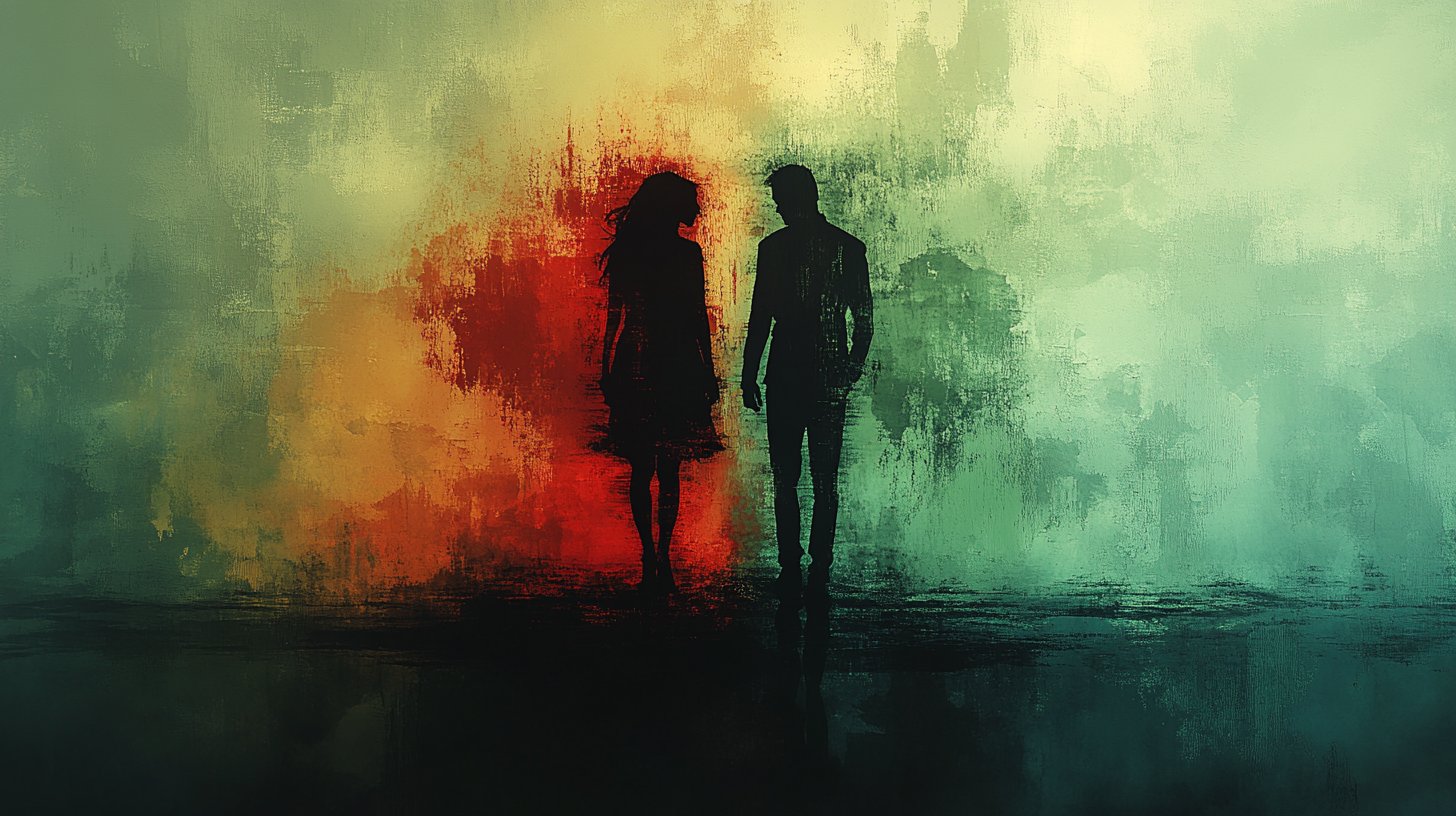 Ein unruhiges Paar, Jealousy symbolisiert in Grüntönen und Kontrolle in Rot.