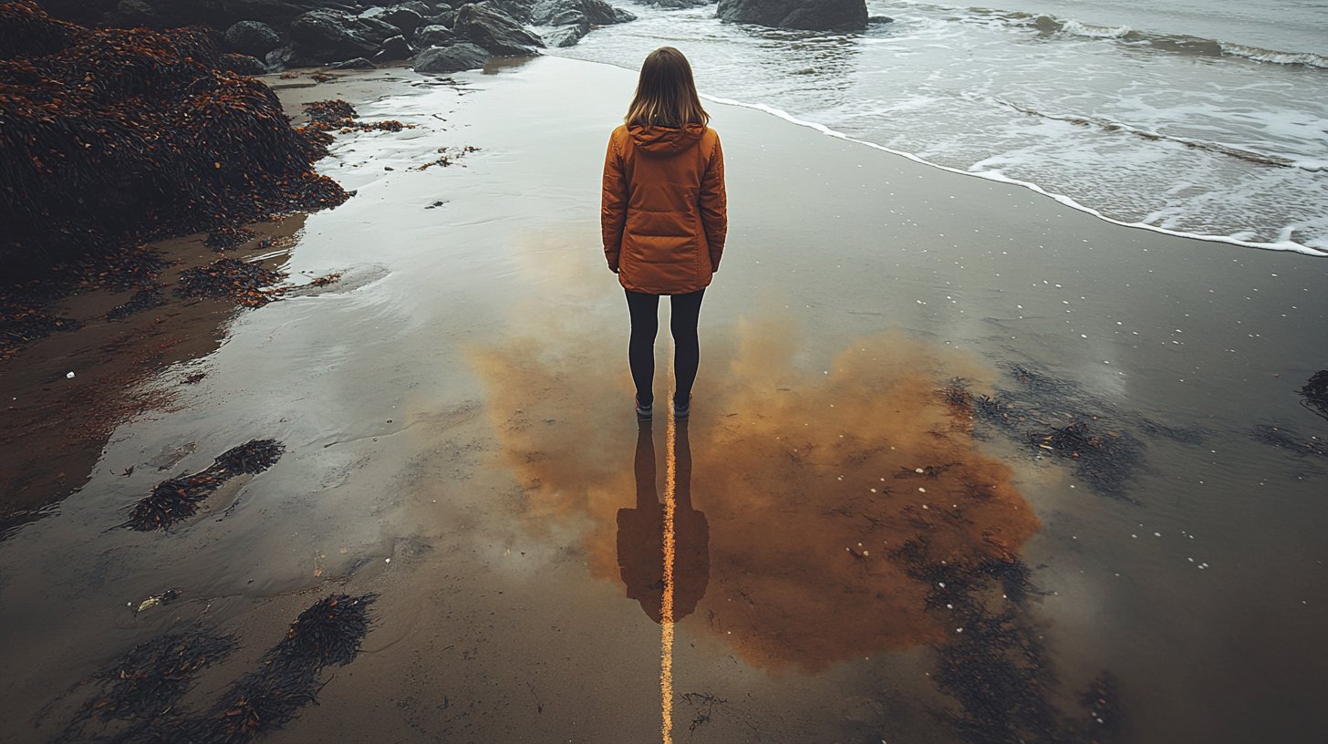 Ein Mensch steht mit einer Sichtlinie im Sand, die Grenzen setzt.