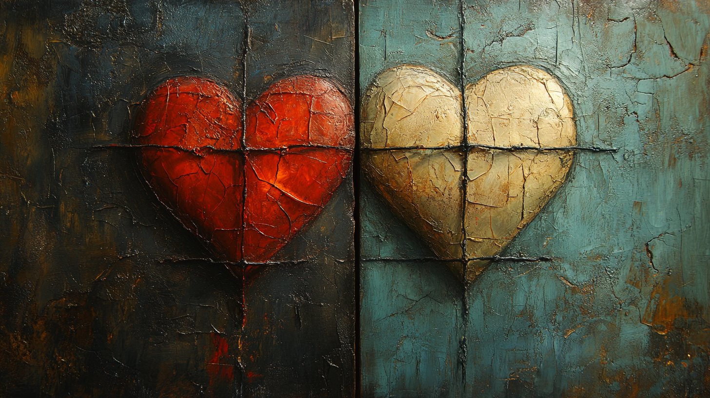 Ein geteiltes Bild eines gefangenen und freien Herzens symbolisiert die Dilemmata der Liebe.