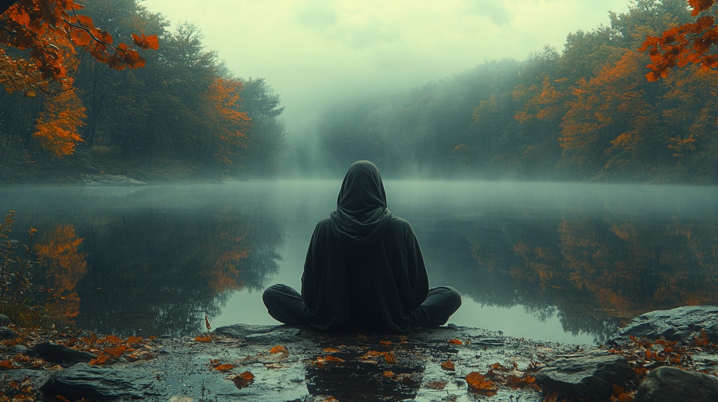 A figure reflects in a calm lake.