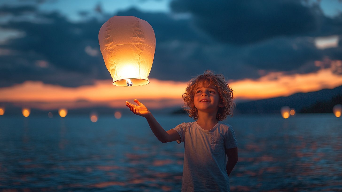A lantern floats into the sunset.