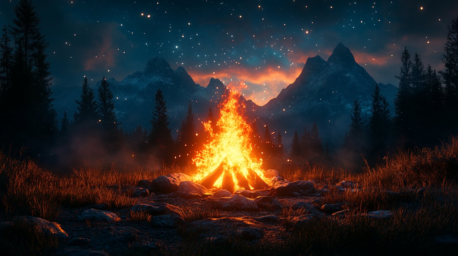 Ein dynamisches Feuersymbol, dargestellt durch ein loderndes Lagerfeuer, das den Nervenkitzel in Beziehungen zeigt.