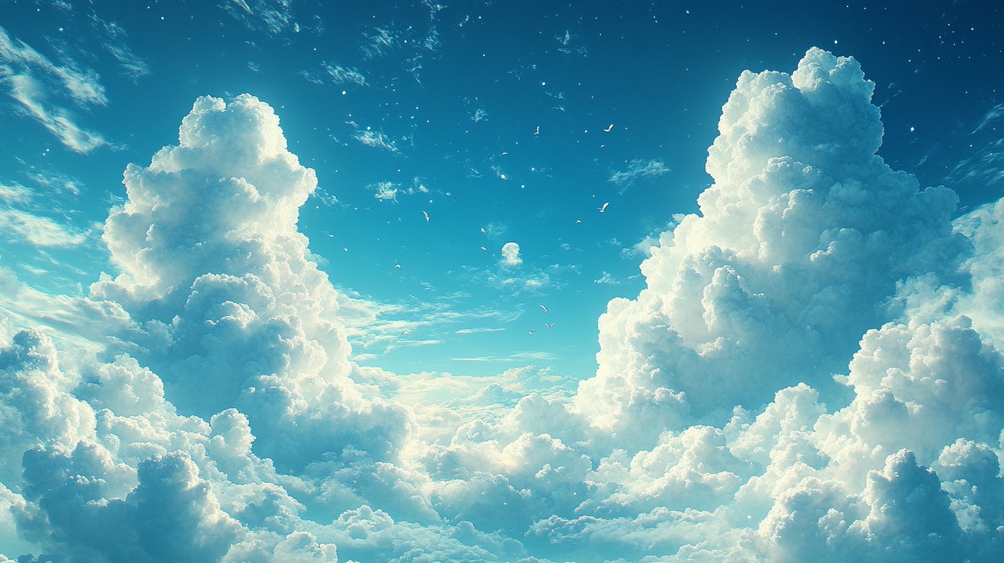 Ein luftiger Himmel voller Wolken und Vögel, der Kommunikation darstellt und Missverständnisse zeigt.