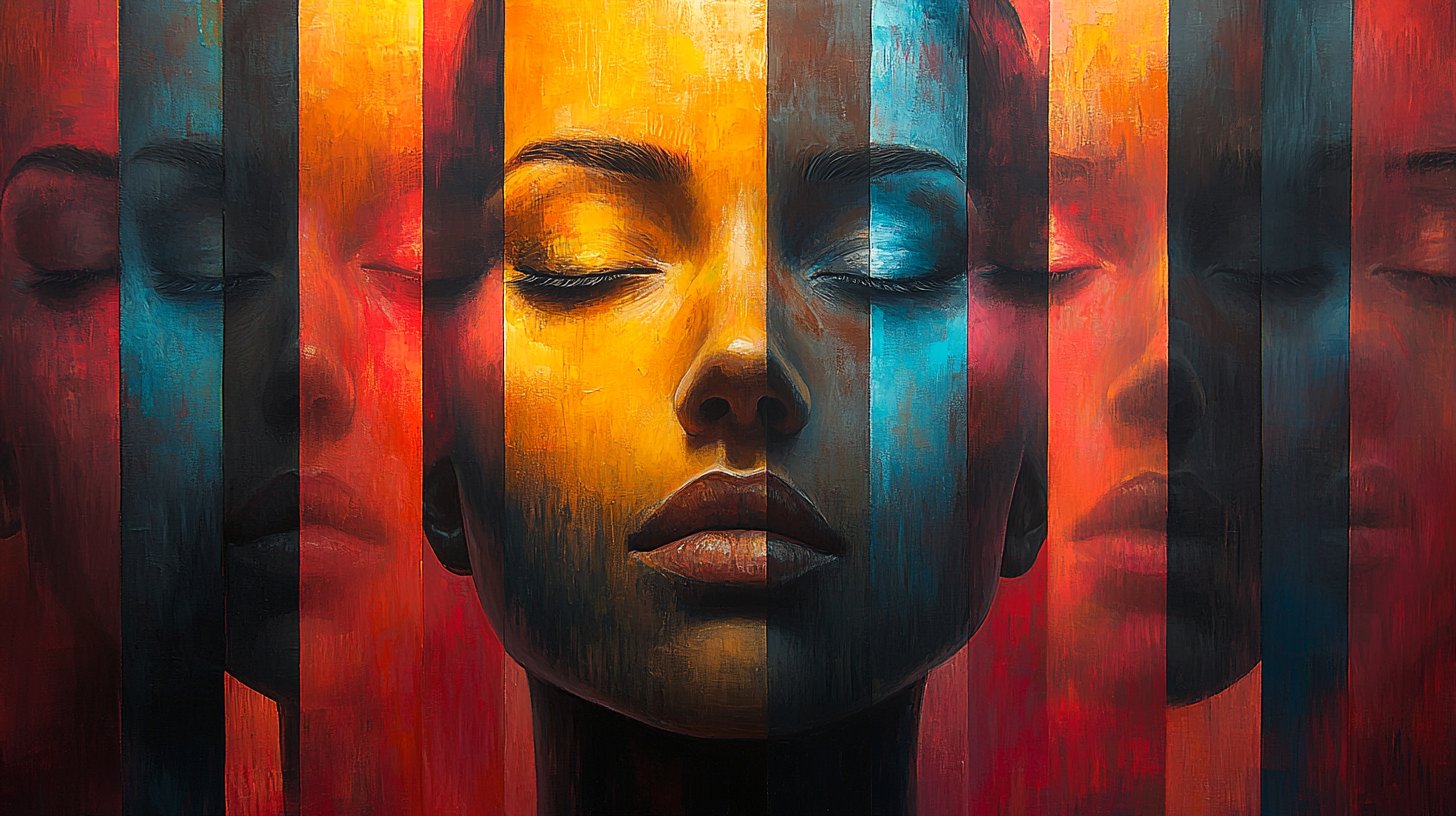 Eine Person umgeben von Spiegeln, die verschiedene Facetten ihrer Selbst reflektieren.