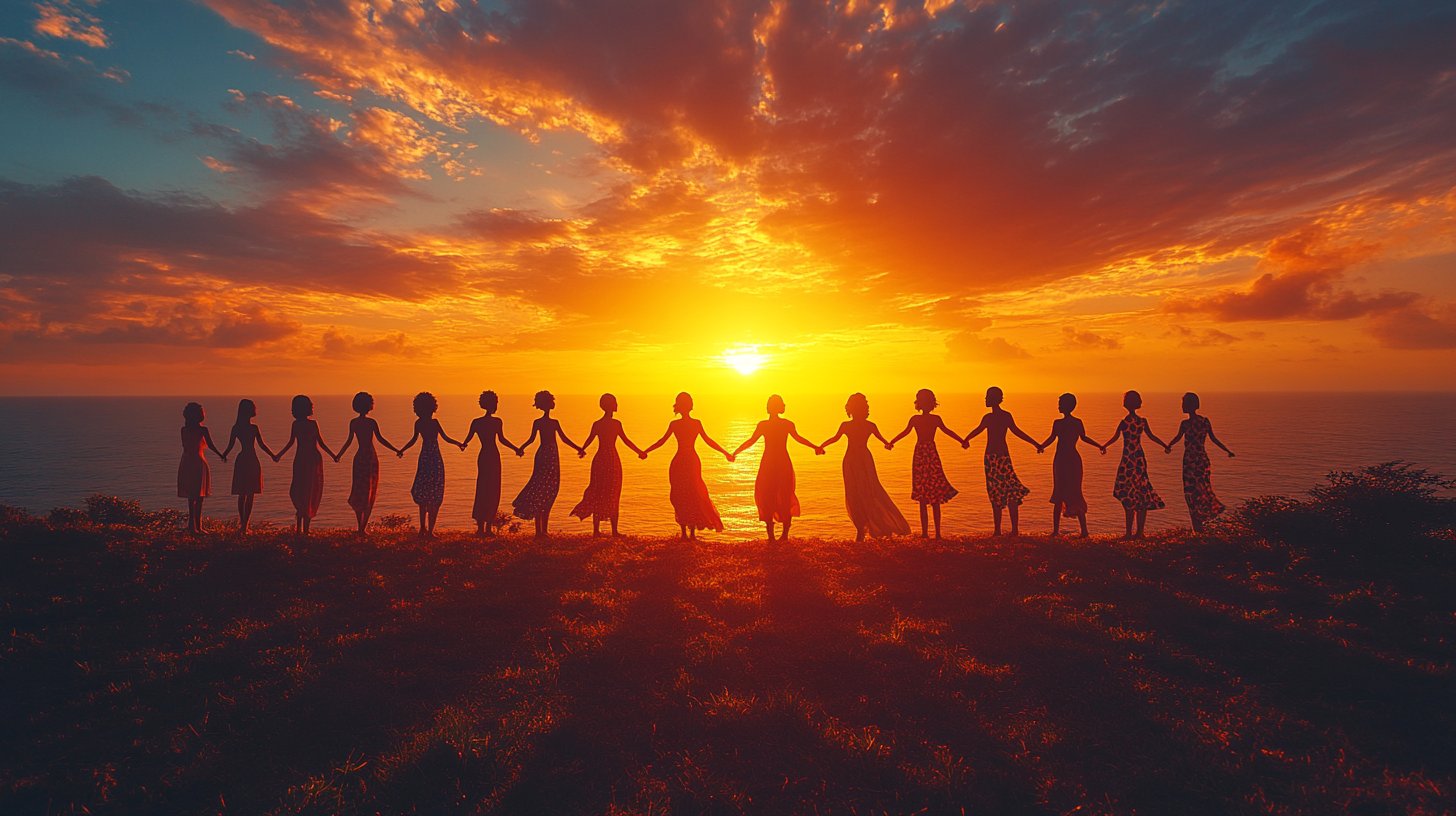 Silhouetten von Menschen, die sich in einem warmen Sonnenuntergang an den Händen halten.