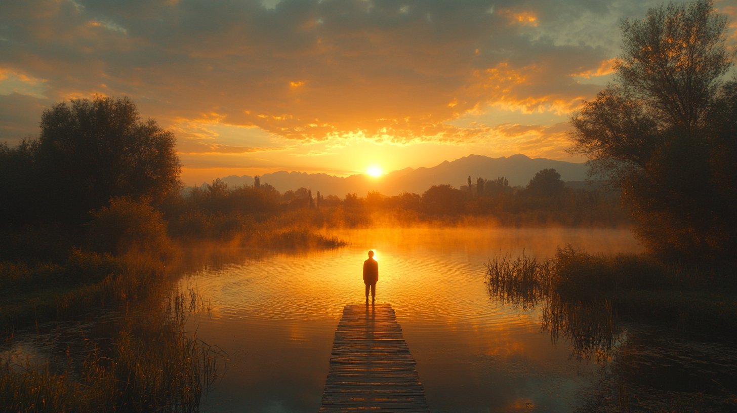 Eine Person auf einer Brücke über eine ruhige Landschaft, die das Überwinden von emotionaler Angst symbolisiert.