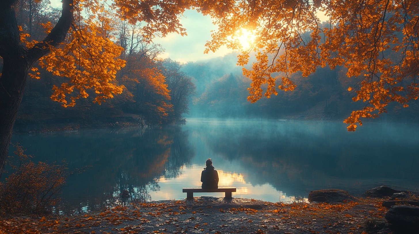 Eine Person am ruhigen See, die über die Liebe nachdenkt.