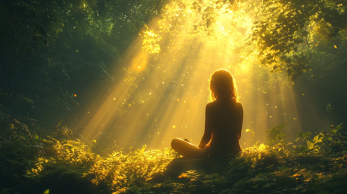 Ein Mensch entdeckt sich selbst im sonnenbeschienenen Wald.